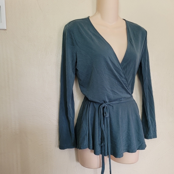 LOFT Greenish Blue Wrap Front Long Sleeve With Adjustable Tie Size Women's XS - Picture 4 of 8